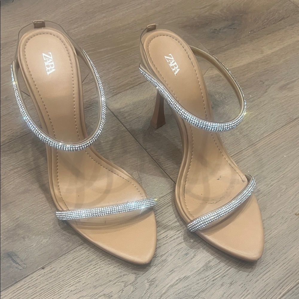 ZARA Nude Heeled Sandals with Rhinestone Straps